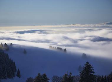 Ausblick vom Feldberg auf den nebeligen Schwarzwald